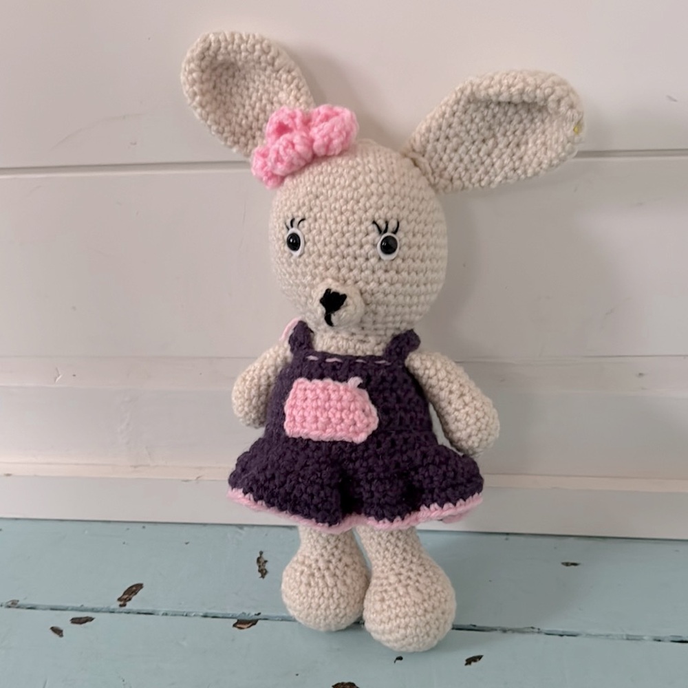 Crocheted Rabbit Bunny with Purple Pink Frock 13” from toe to ear